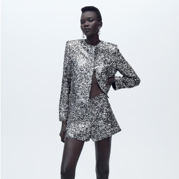 NWT Zara silver sequined cropped blazer, S - Picture 1 of 13